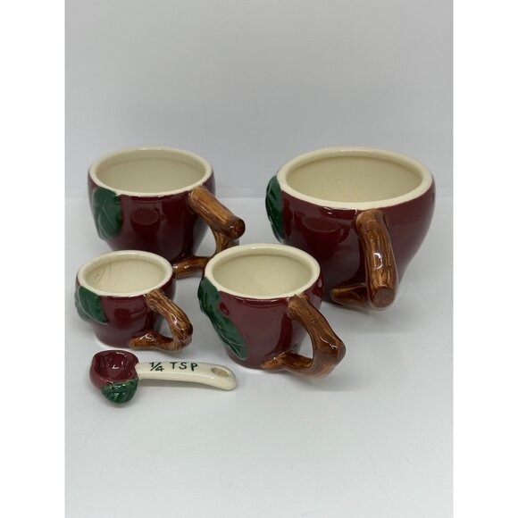 VTG 80s Cracker Barrel Apple Ceramic Measuring Cups & Spoons 5pc Kitchen Decor - Picture 10 of 11